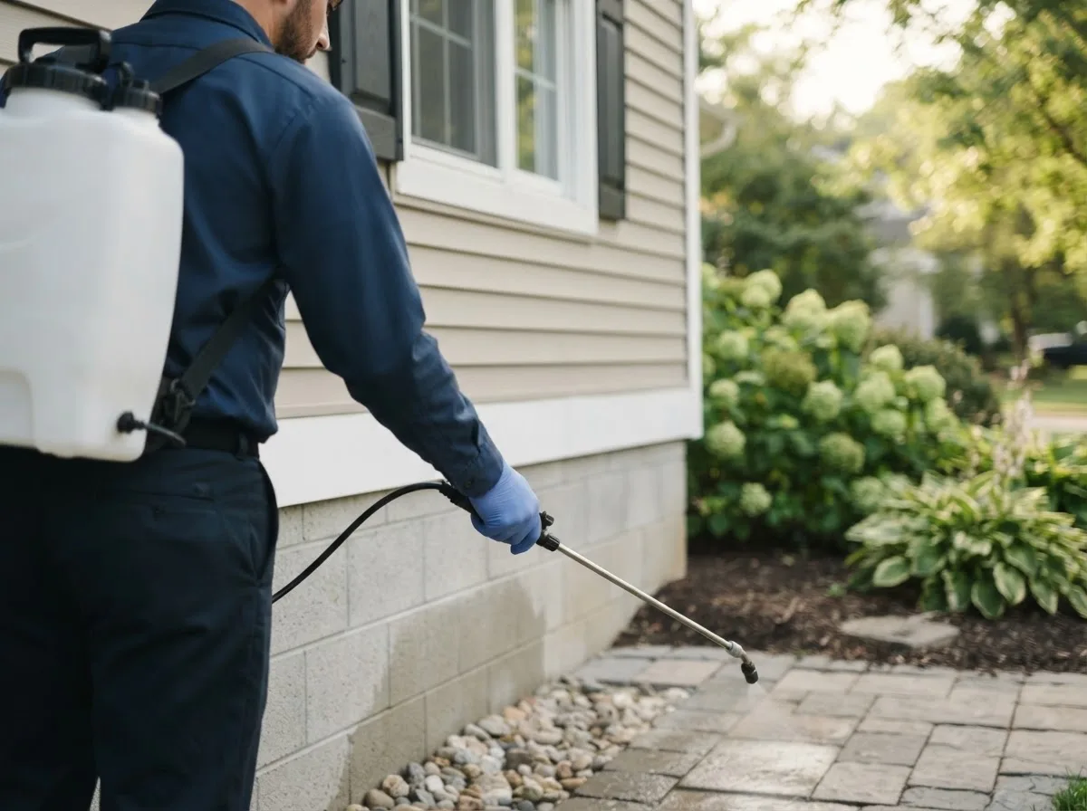 Pest control technician inspecting a home in Craftsbury Common, VT